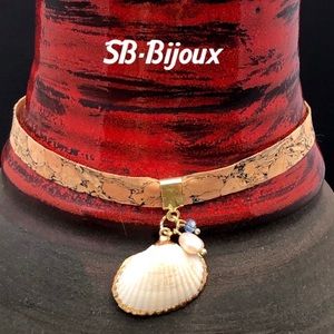 Cork Ribbon Choker with Shell Pendant.